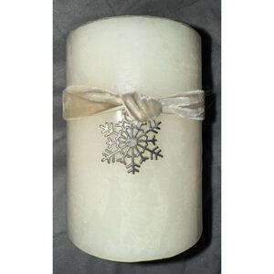Pier 1 Imports "Snowy Birch" White Pillar Candle 3”x4” Silver Snowflake Charm